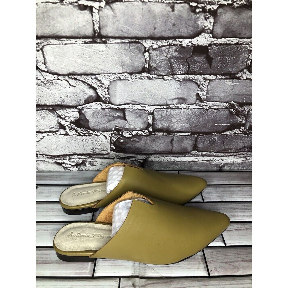 Antonio Miguel Mango Green Leather Center Cut Mules Flats Women Sz 5M US/35EU - Picture 6 of 16